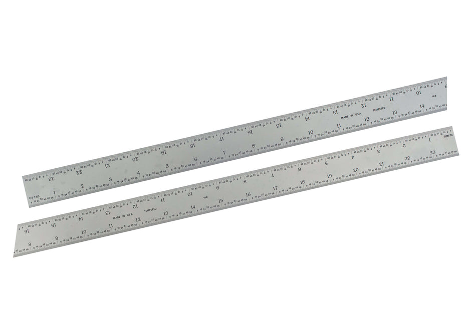 Rigid Satin Chrome-Plated Steel Rulers showcasing precise etchings and chrome finish for enhanced durability.