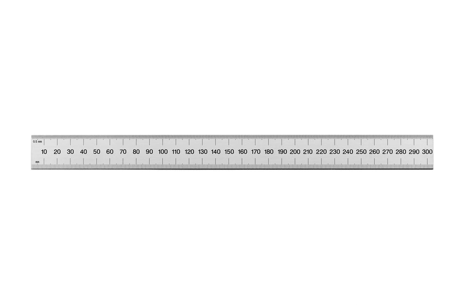 Rigid Satin Chrome Steel Rulers showing E/M graduations for precise measurements.