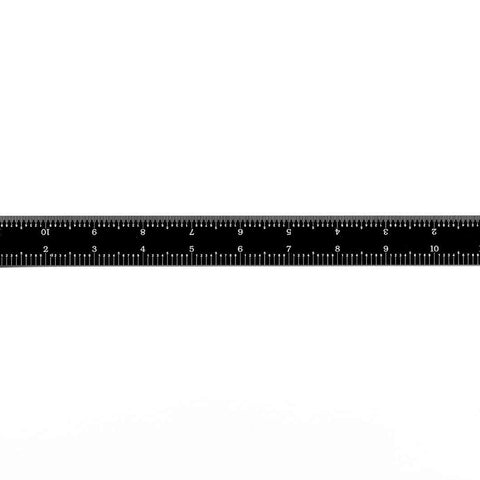 Black Chrome Rigid Rulers with English and Metric graduations, made from stainless steel for durability.