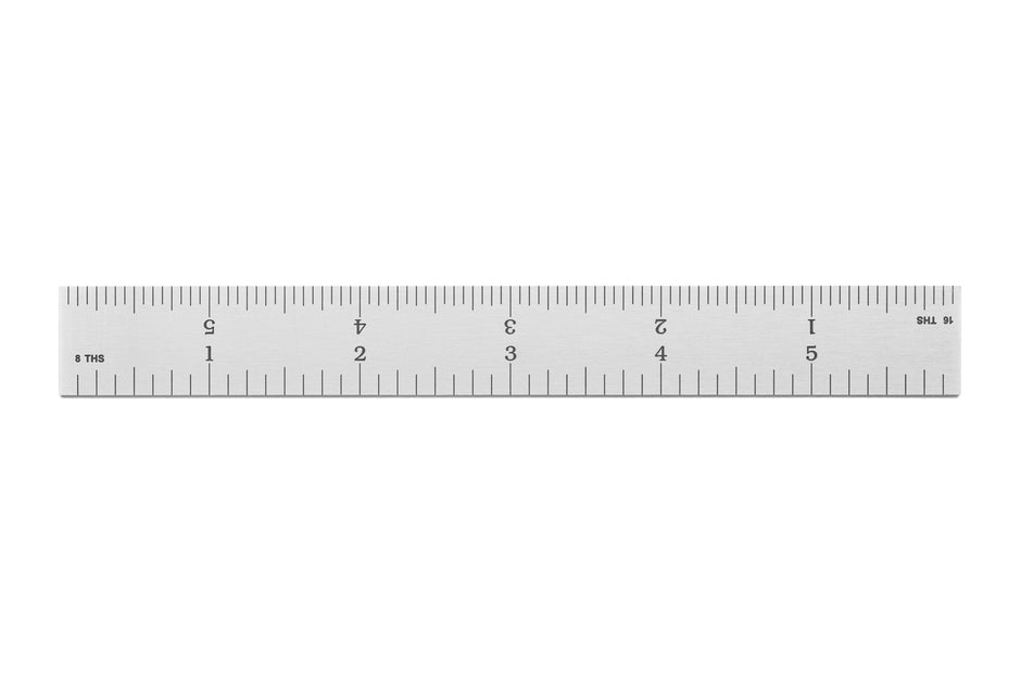 Rigid Satin Chrome-Plated Steel Rulers showing full English graduations with precise etching and chrome finish.