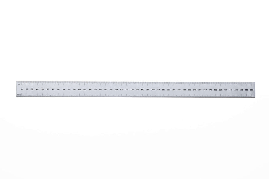 Rigid Satin Chrome Steel Rulers with English and Metric graduations for precision measuring.