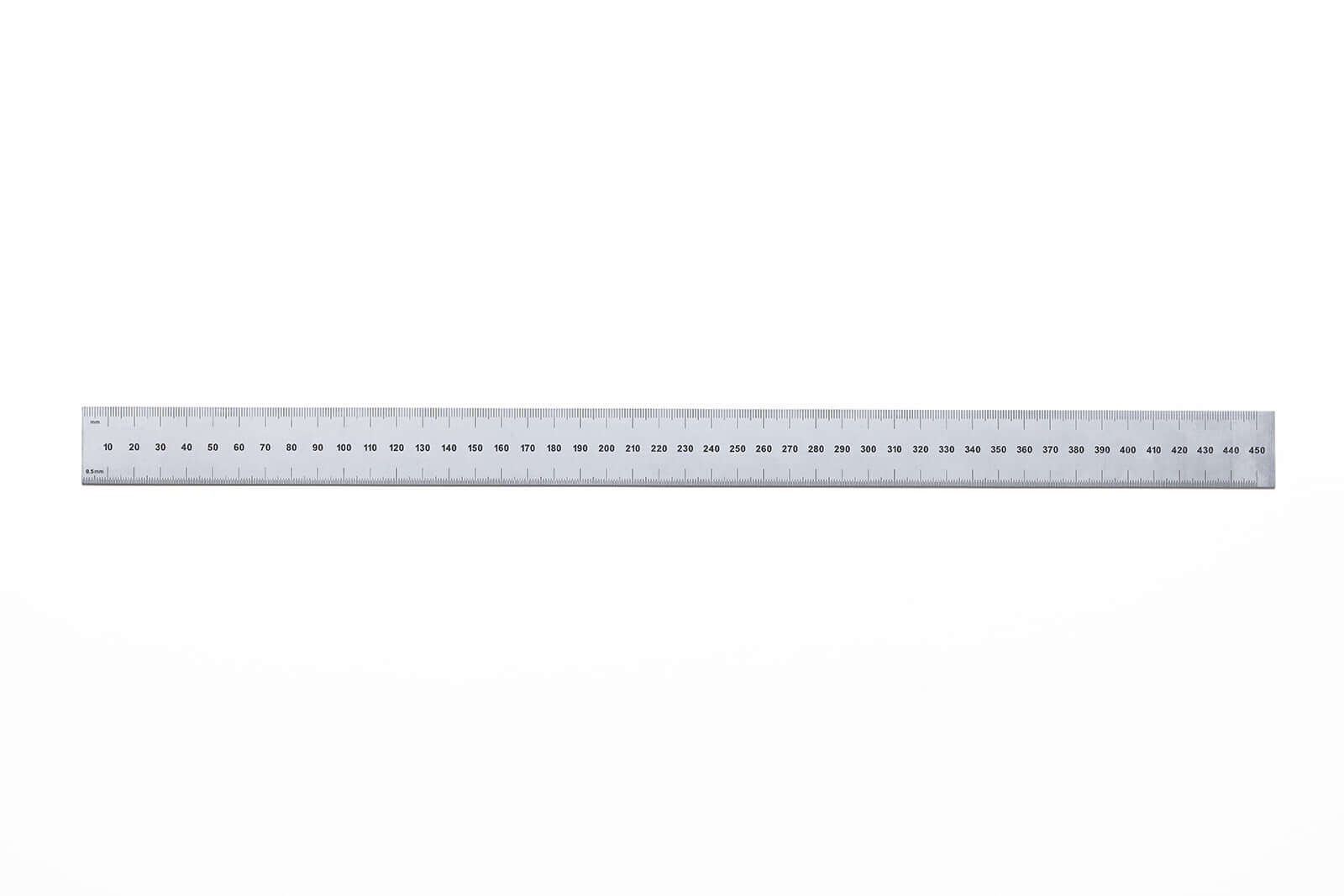 Rigid Satin Chrome Steel Rulers with English and Metric graduations for precision measuring.