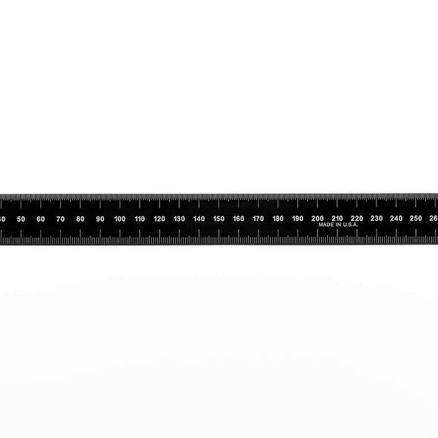 Black Chrome Rigid Rulers with full metric graduations on a black background, ideal for precision measurements.