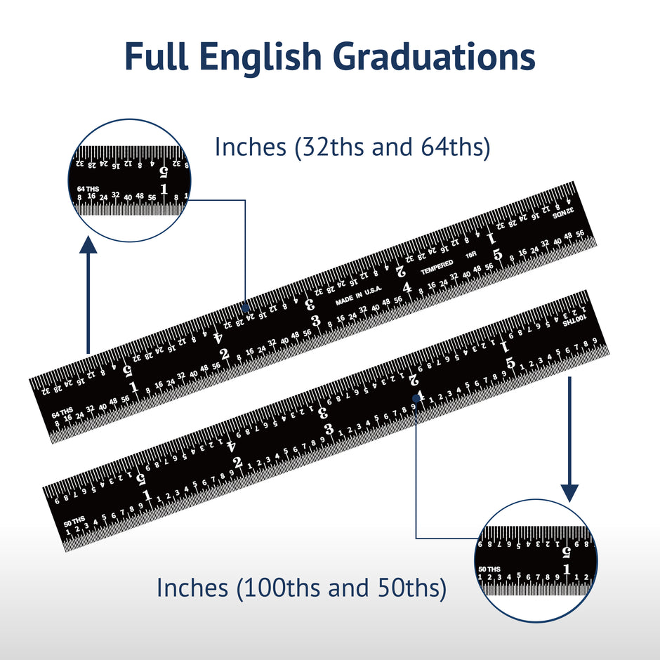 Black Chrome Rigid Rulers | PEC Tools with full English graduations including inches for 32ths, 64ths, 50ths, and 100ths.