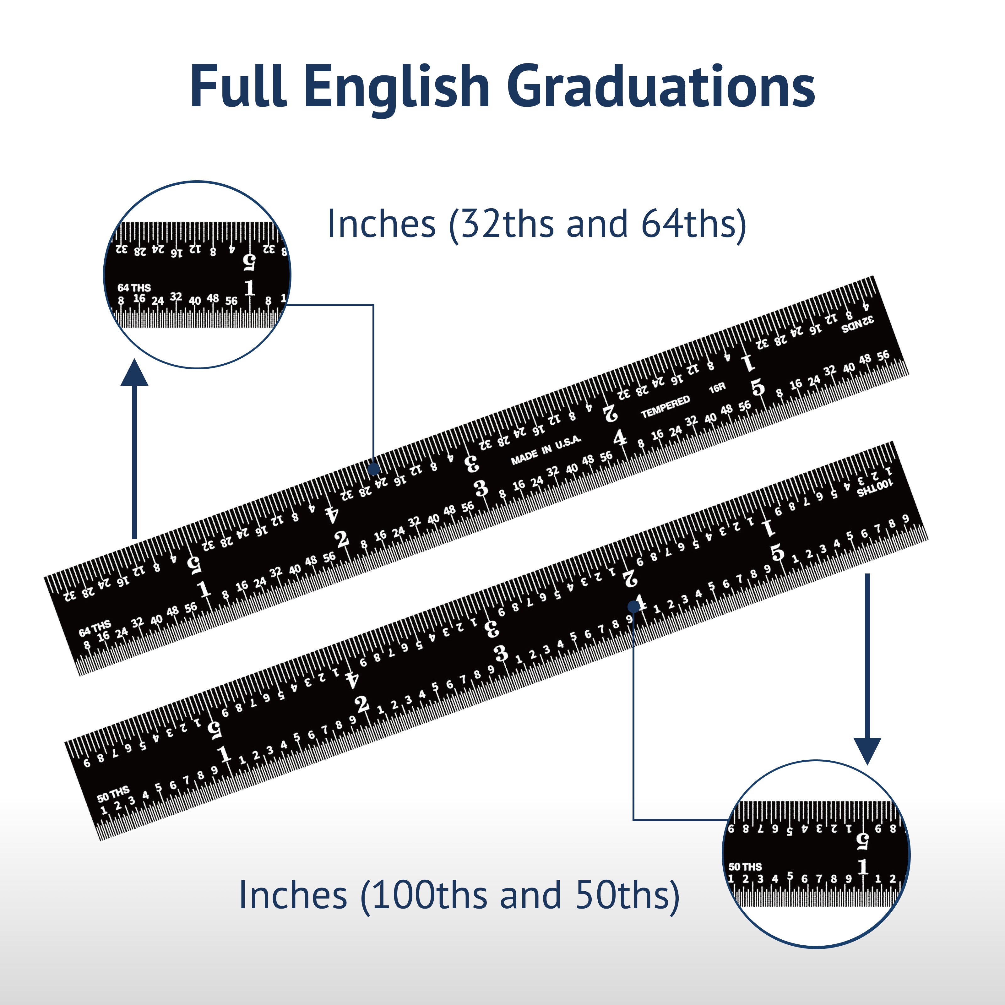 Black Chrome Rigid Rulers | PEC Tools with full English graduations including inches for 32ths, 64ths, 50ths, and 100ths.