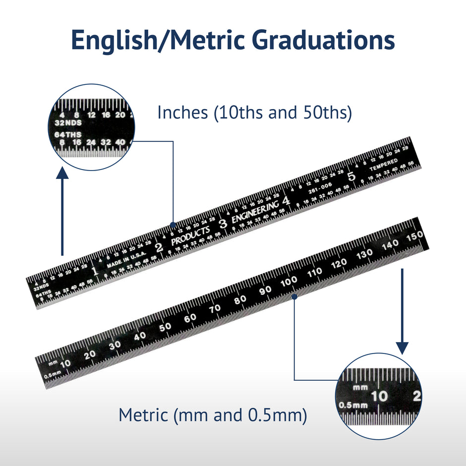 Black Chrome Rigid Rulers | PEC Tools showcasing English and Metric graduations for precise measurements.