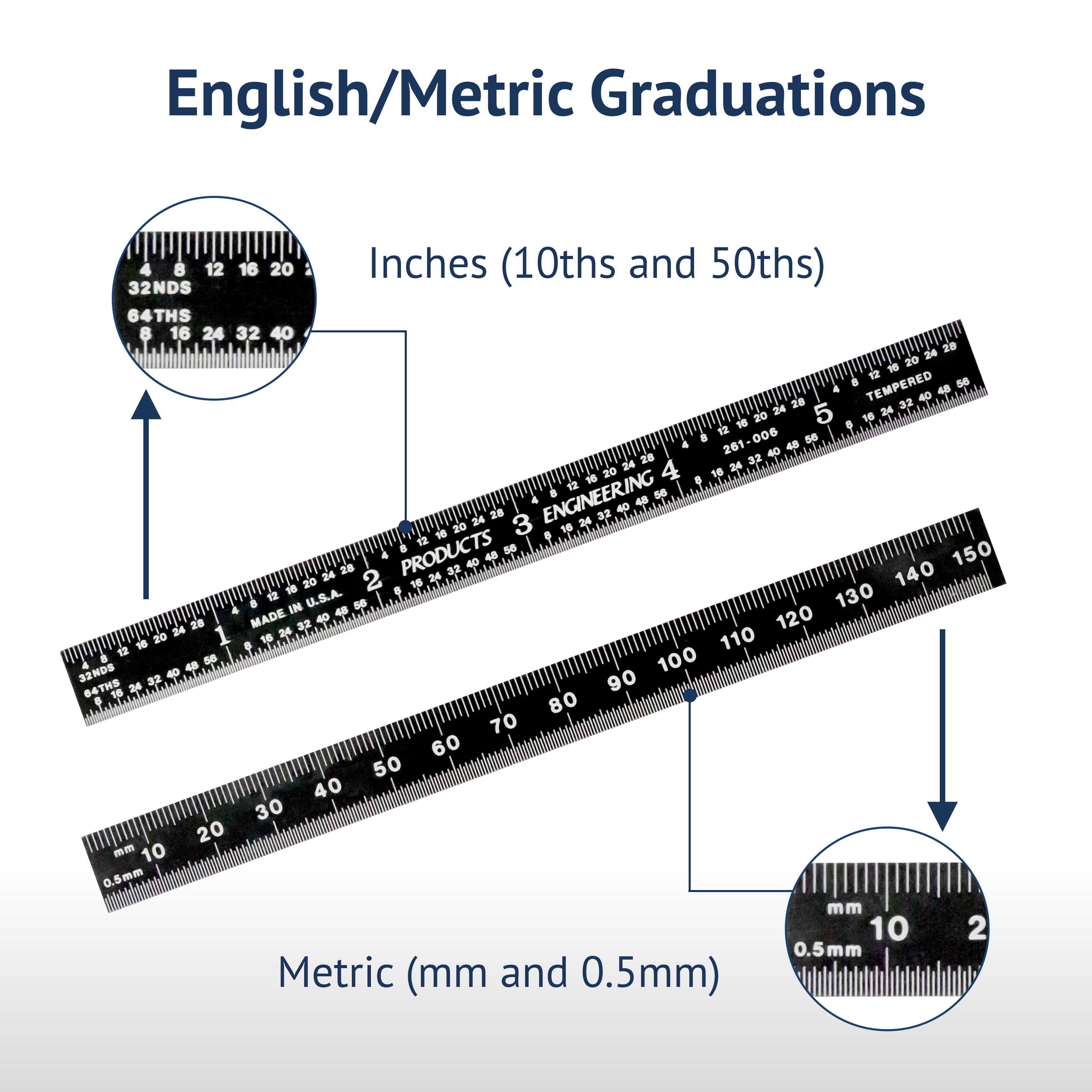 Black Chrome Rigid Rulers | PEC Tools showcasing English and Metric graduations for precise measurements.