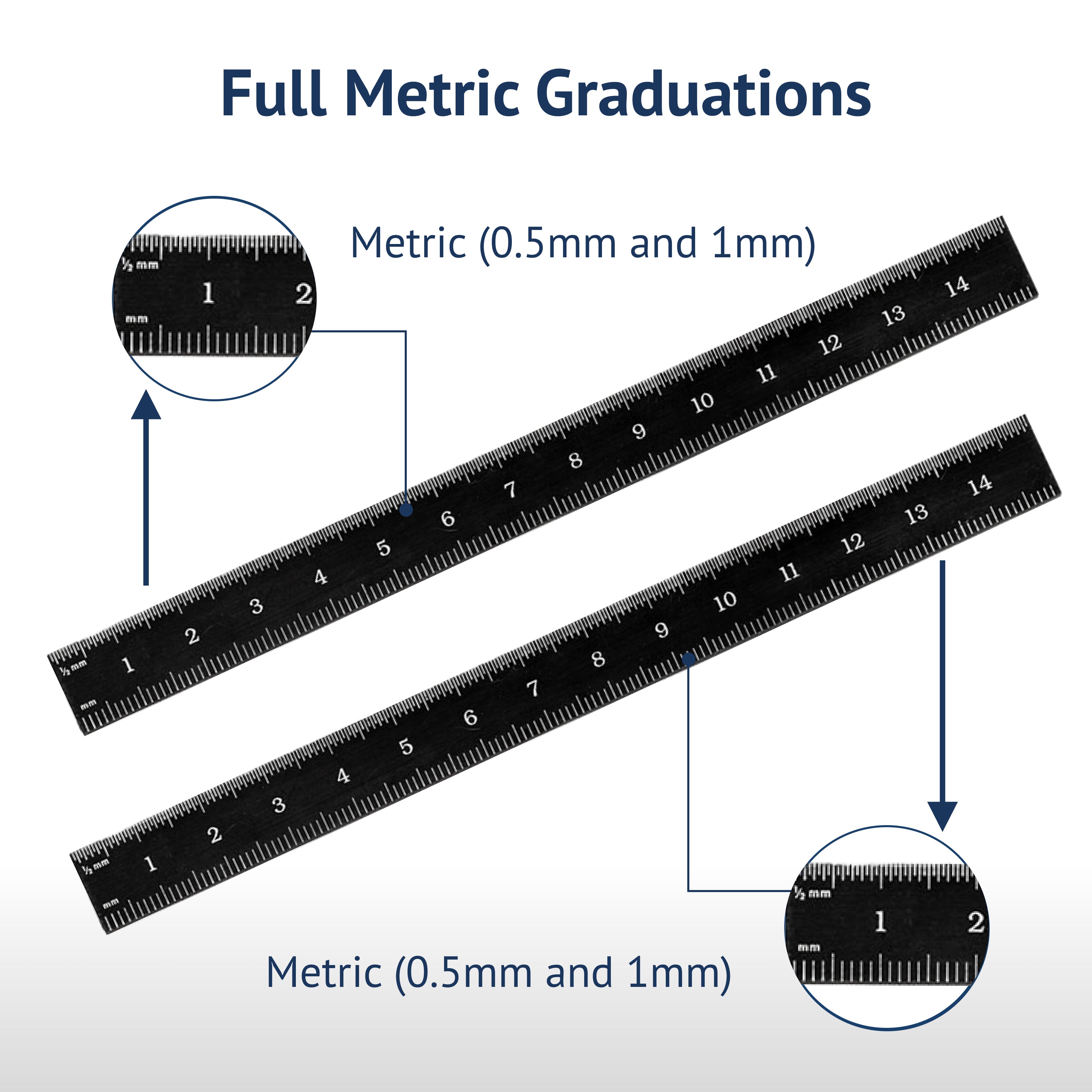 Black Chrome Rigid Rulers | PEC Tools with full metric graduations (0.5mm and 1mm) for precise measurements.