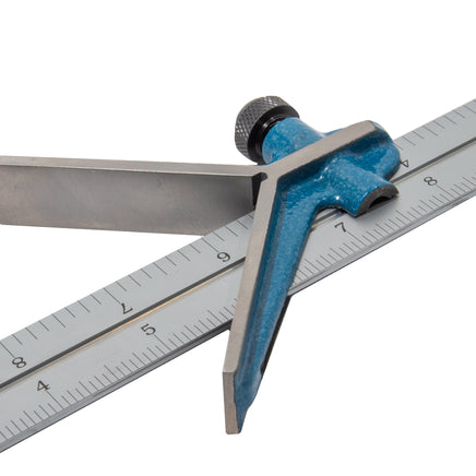 4-piece combination square set showing a machinist center head on a blade for precise measurements.