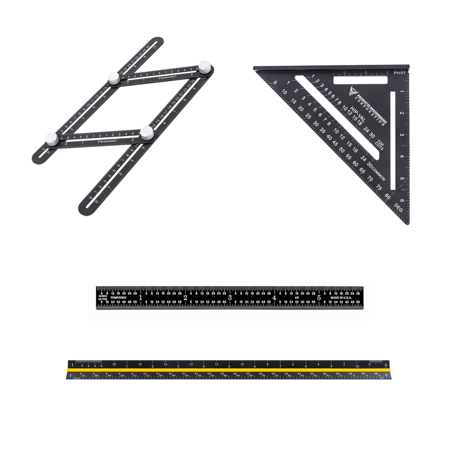 🎁 Rafter Square & 3 Sided Ruler & 4-Piece Multi-Angle Measuring Ruler Set & Black Chrome Flexible Ruler (100% off)