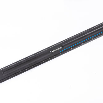 Black aluminum hook ruler with a secure hook end and measurement markings for accurate and easy measuring.