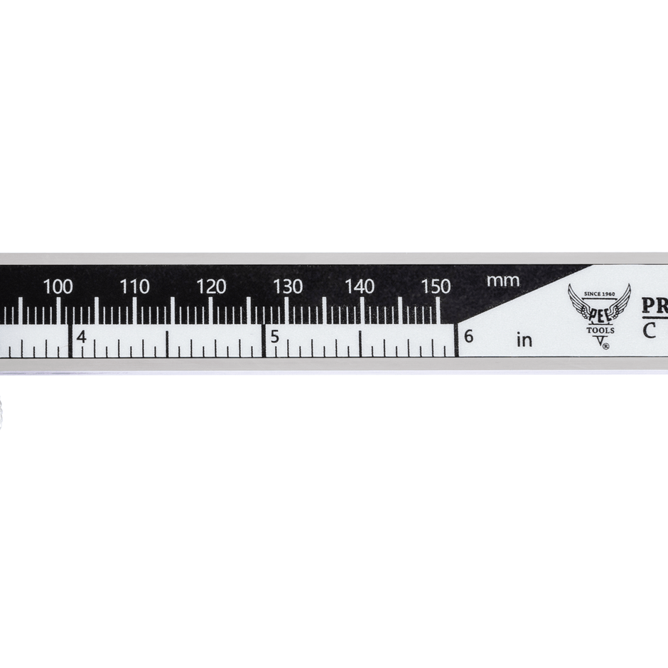 Close-up of the measuring scale on the PEC Tools IP54 Digital Caliper Dust & Splash Resistant.