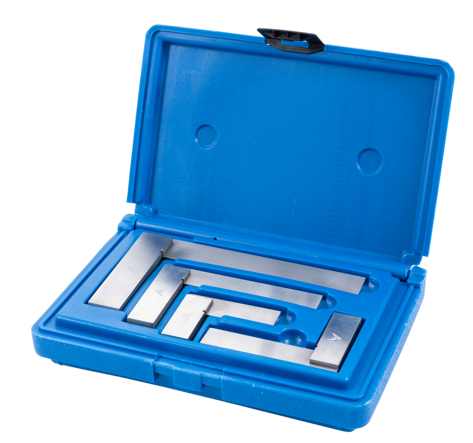 Solid Machinist Square | Precision Steel Square Set in blue storage case with precision ground squares arranged inside.