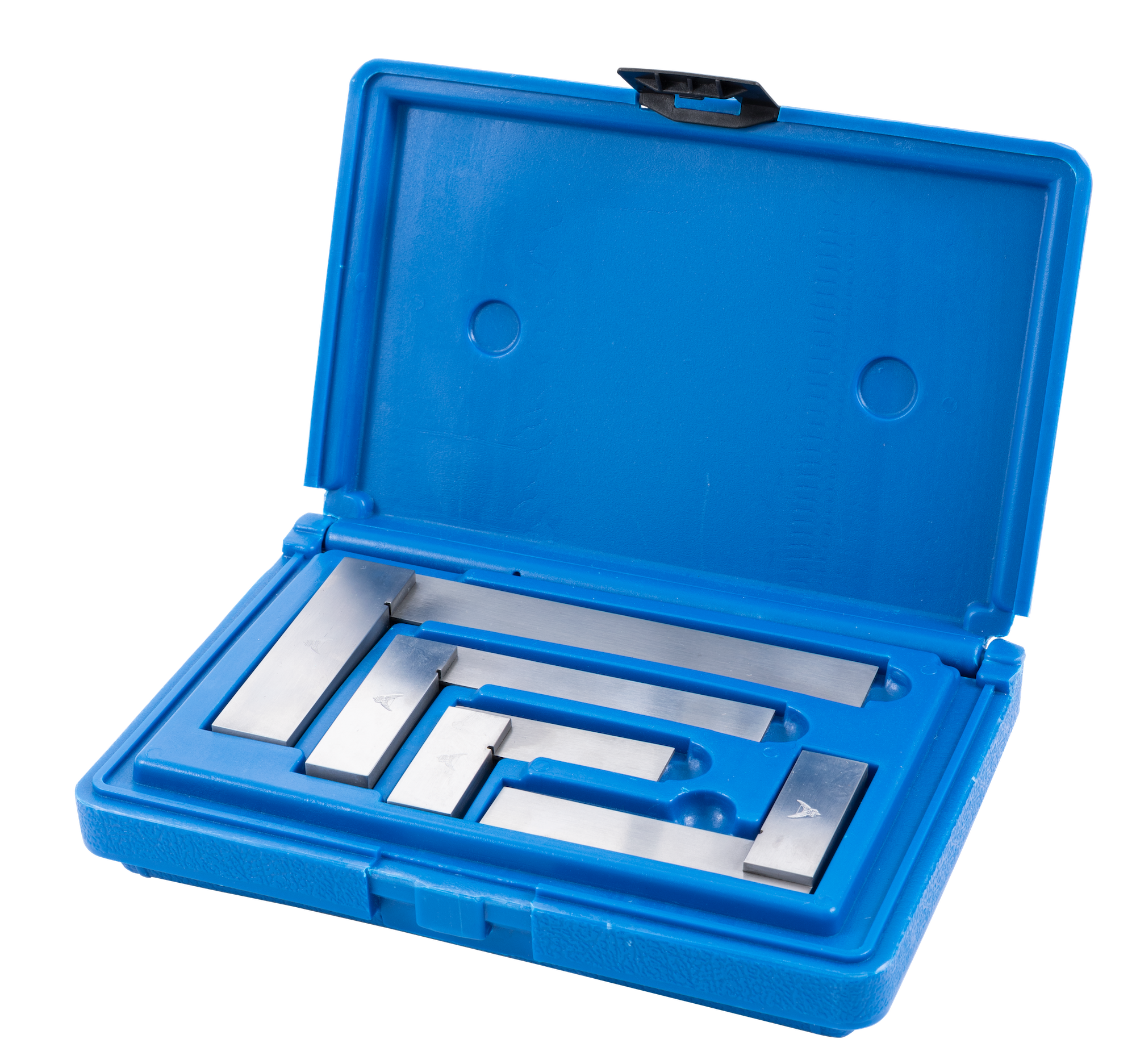 Solid Machinist Square | Precision Steel Square Set in blue storage case with precision ground squares arranged inside.