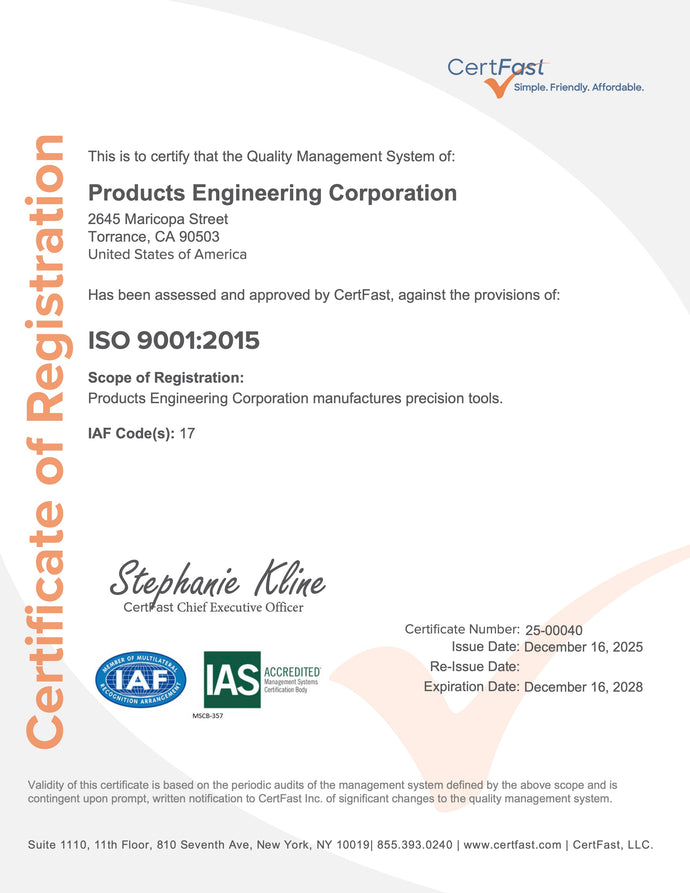 PEC Tools ISO 9001:2015 Certificate. Precision tools manufacturing in California, USA.