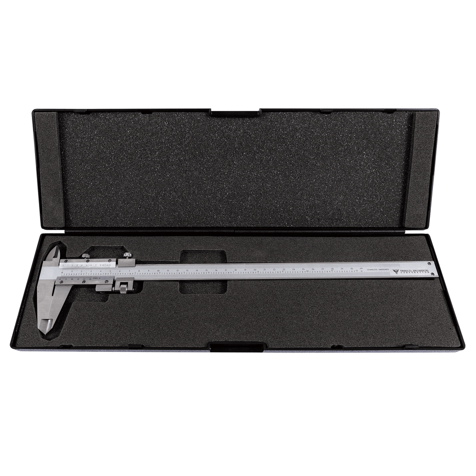 Vernier caliper in a black case on a white background
