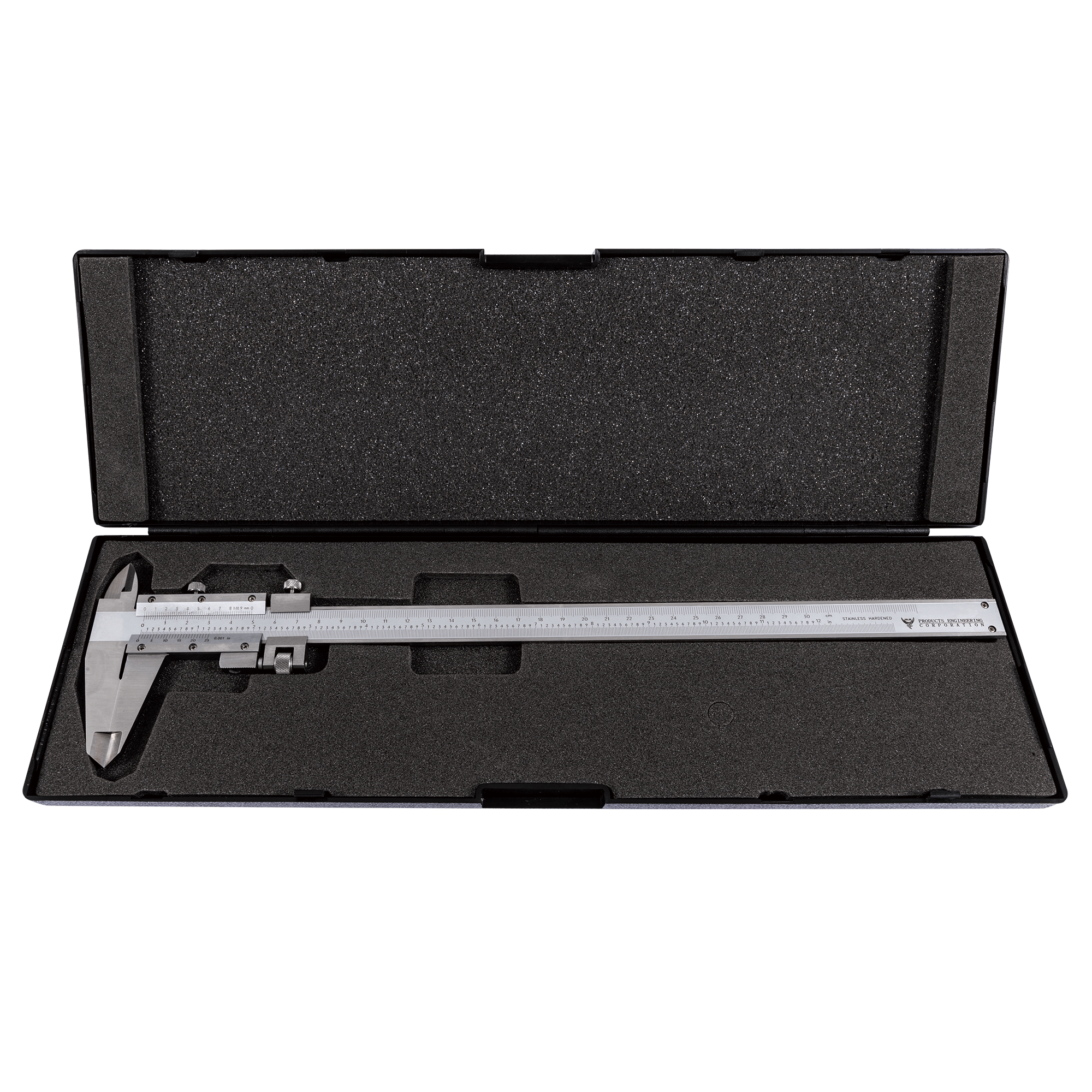 Vernier caliper in a black case on a white background