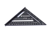 Easy reading black aluminum rafter square with high-contrast white laser-etched scales and pivot point