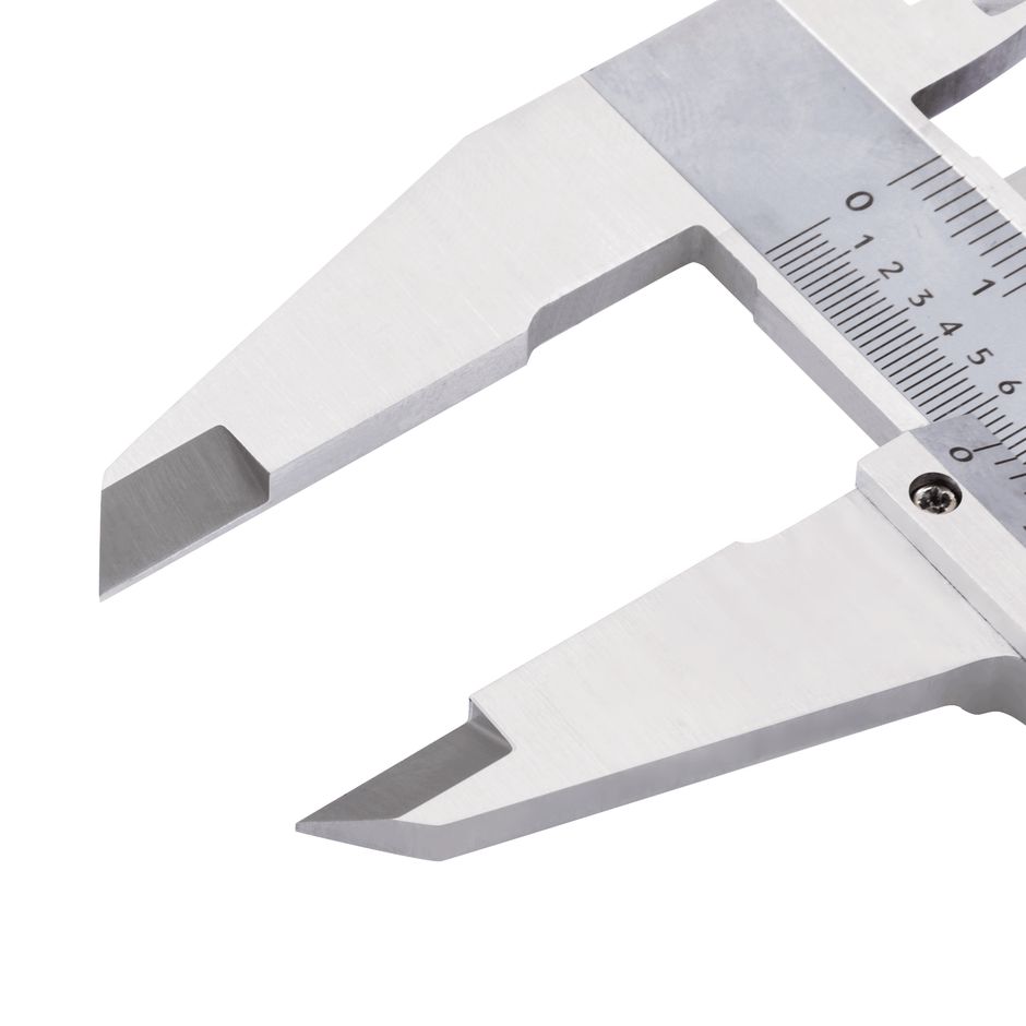 Close-up of a silver hardened vernier caliper external jaw 