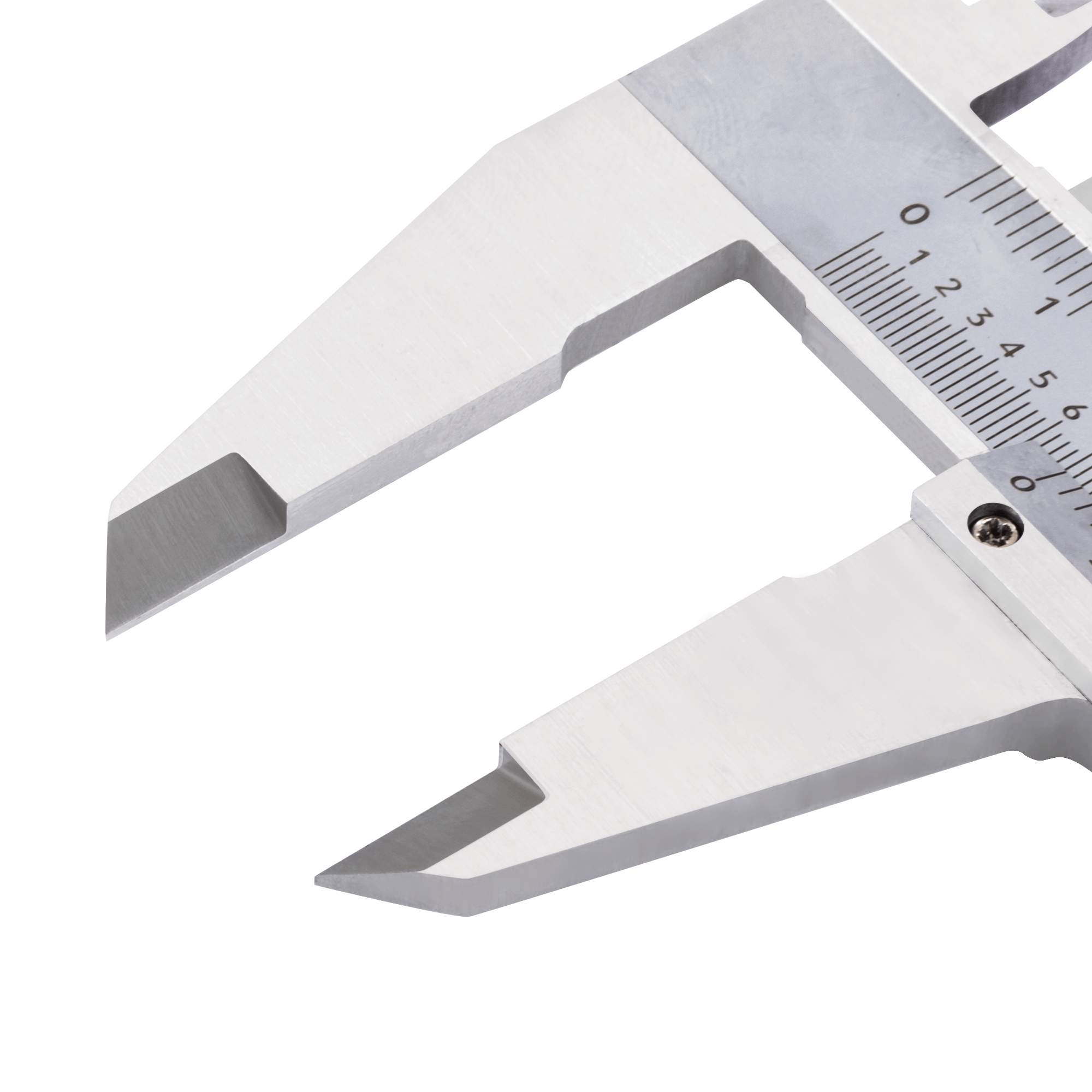 Close-up of a silver hardened vernier caliper external jaw 