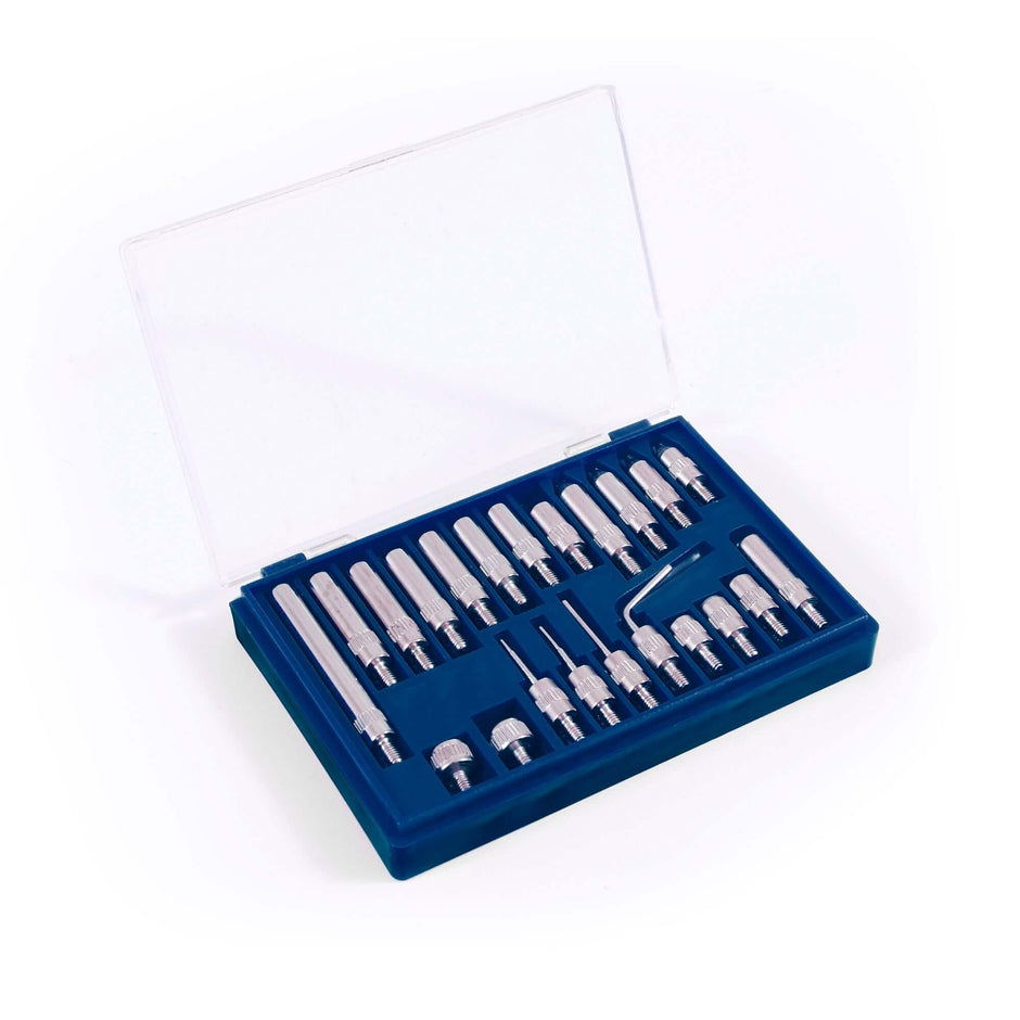 Stainless steel dial indicator tips in a blue case showcasing a complete 22-piece set for precision measuring.