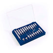 Stainless steel dial indicator tips in a blue case showcasing a complete 22-piece set for precision measuring.