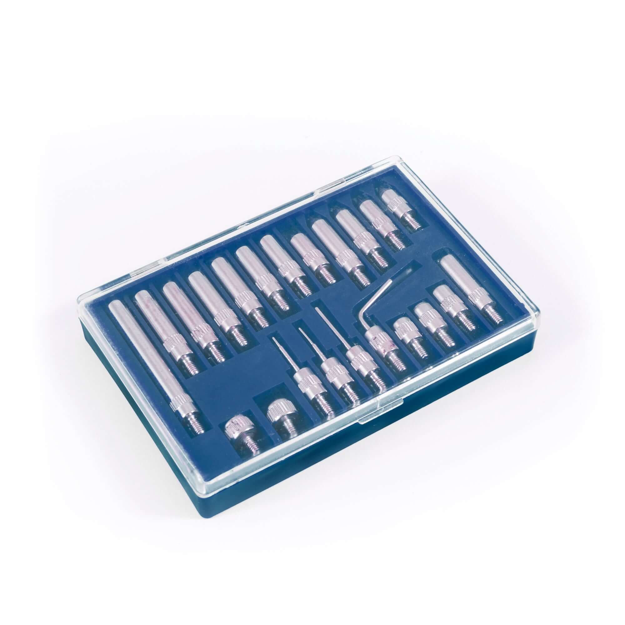 Stainless steel dial indicator tips in a 22-piece set housed in a clear storage case for easy organization.