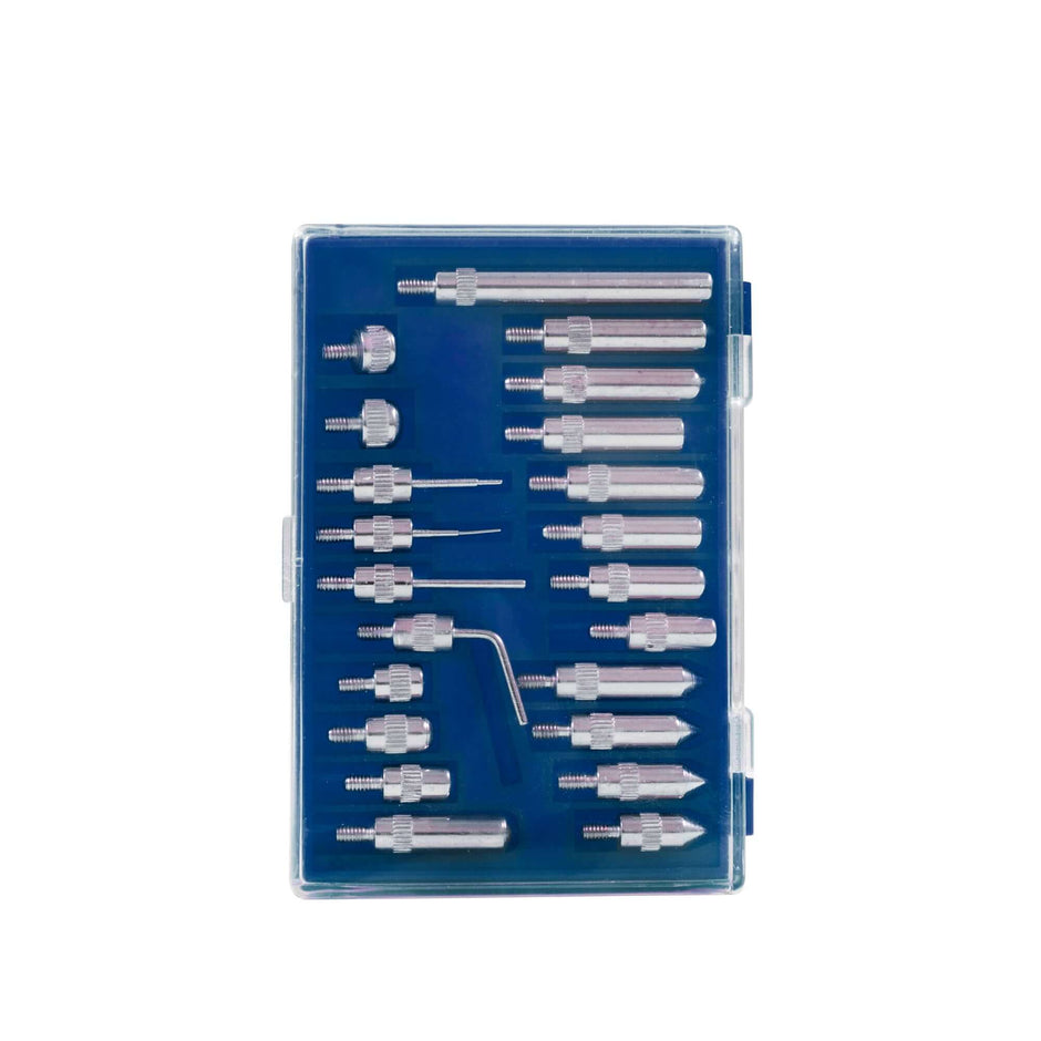 Stainless Steel Dial Indicator Tips (22-Piece Set) in a clear storage case for precision measuring needs.