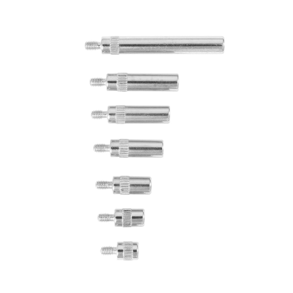 Stainless steel dial indicator tips in various sizes, showcasing a complete set for precise measurements.