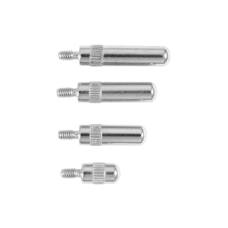 Stainless steel dial indicator tips in various sizes, showing the durable construction and standard thread design.