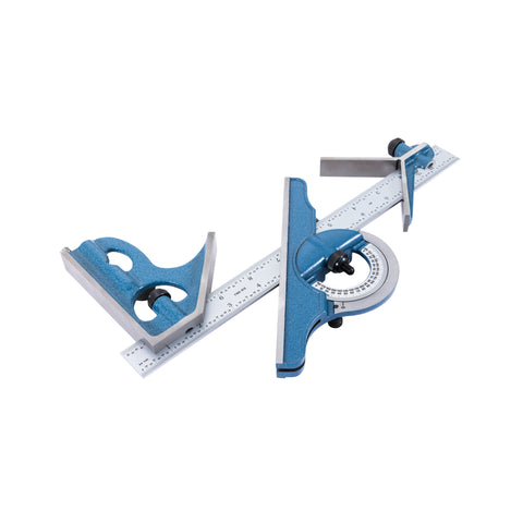 4-Piece Combination Square set including machinist square, protractor, and center head for precision measurements
