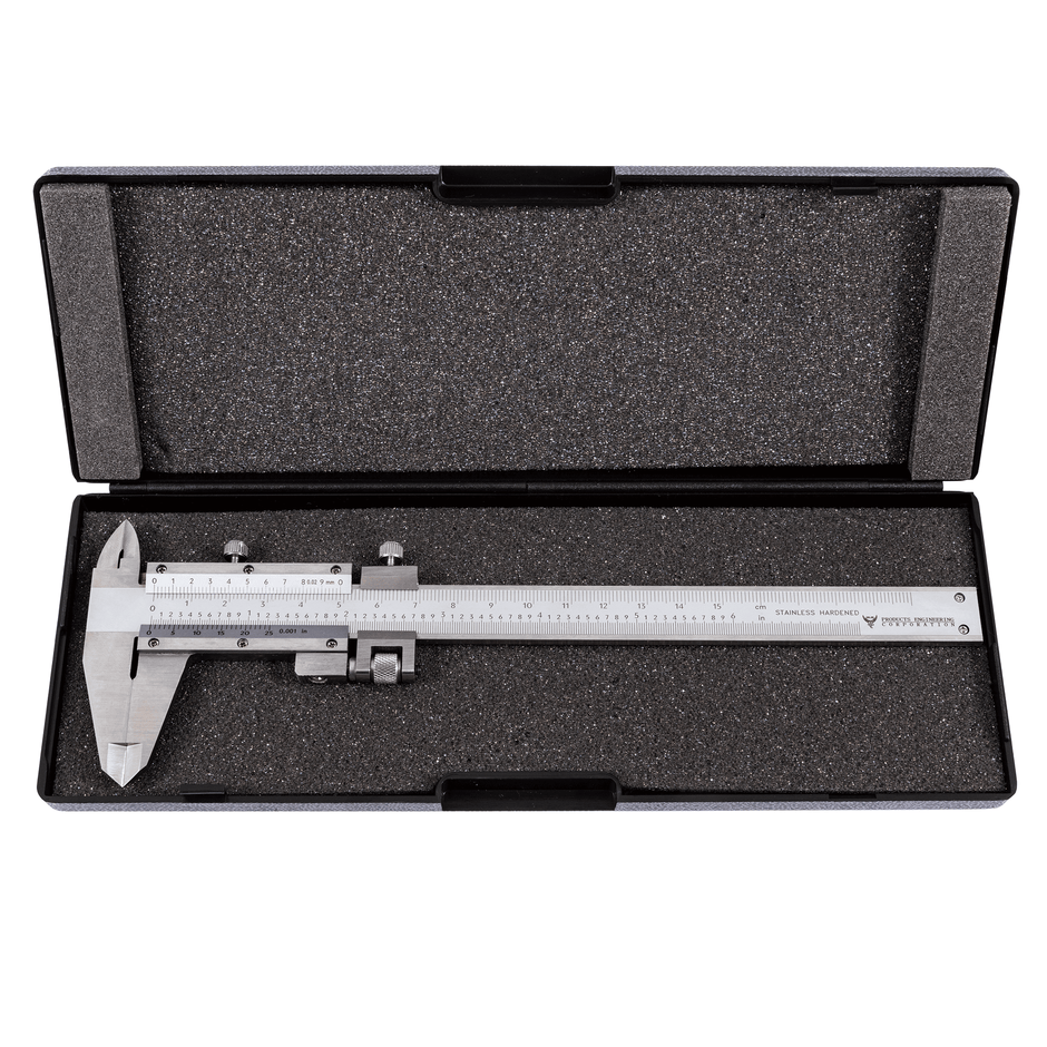 PEC Tools vernier caliper, hardened stainless steel for imperial and metric measurements.