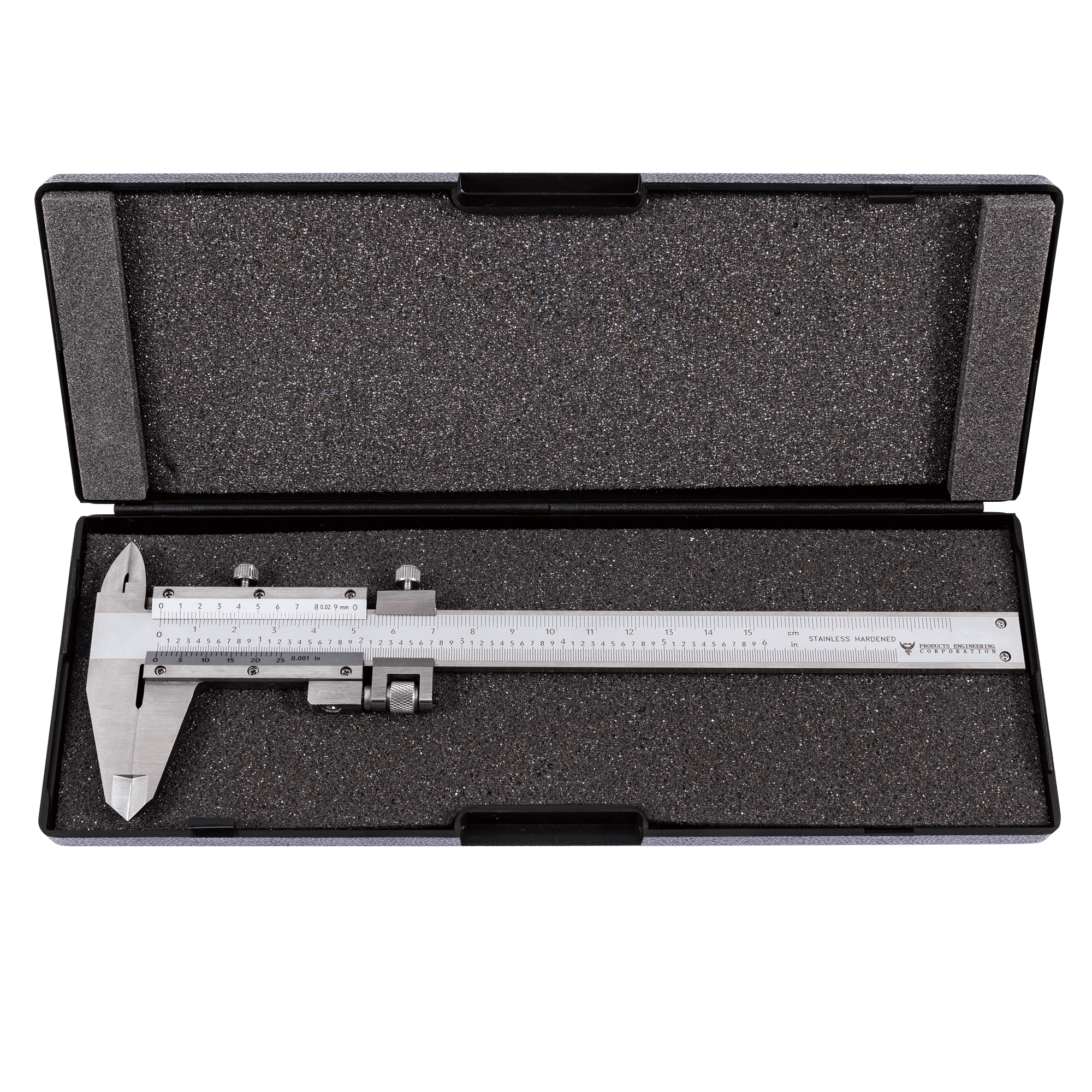 PEC Tools vernier caliper, hardened stainless steel for imperial and metric measurements.