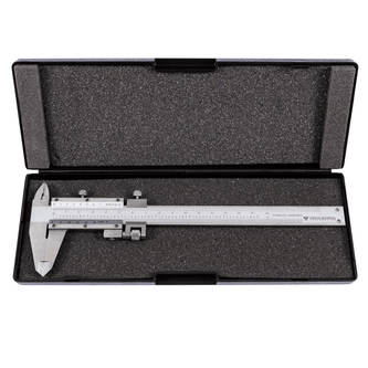 PEC Tools vernier caliper, hardened stainless steel for imperial and metric measurements.