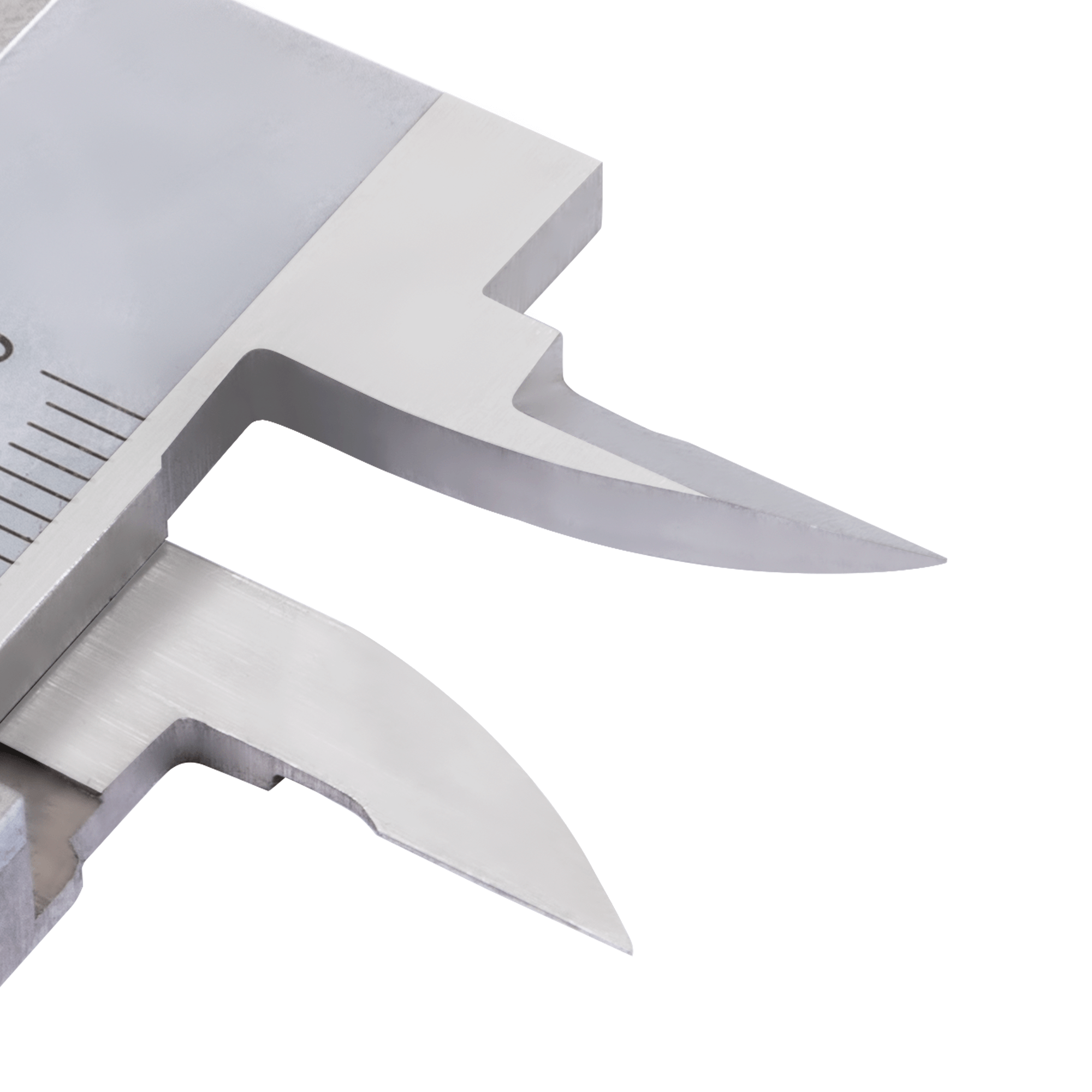 Close up of a stainless steel vernier caliper's internal jaw