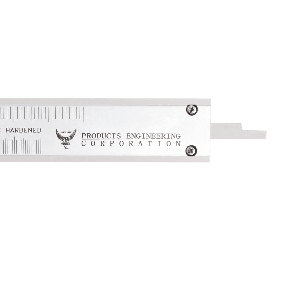 Stainless Steel vernier caliper tool with 'Products Engineering Corporation' branding 