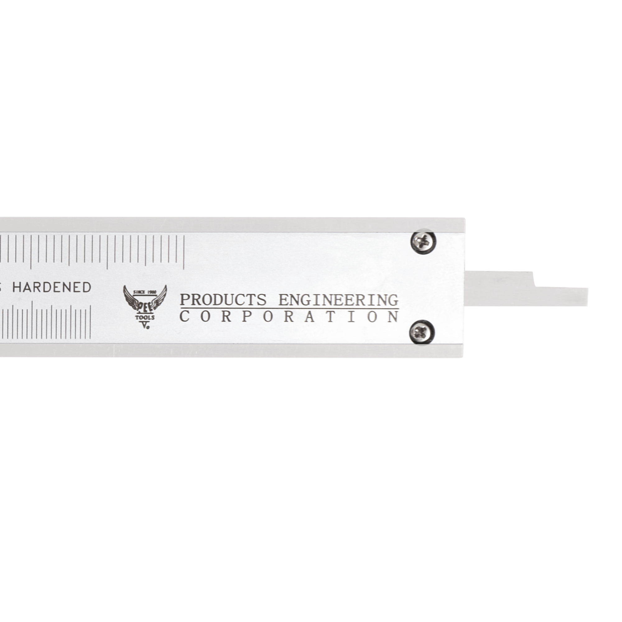 Stainless Steel vernier caliper tool with 'Products Engineering Corporation' branding 