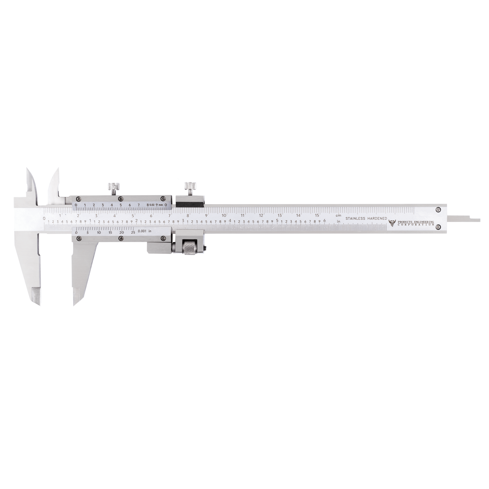 Vernier caliper, hardened stainless steel for imperial and metric measurements.