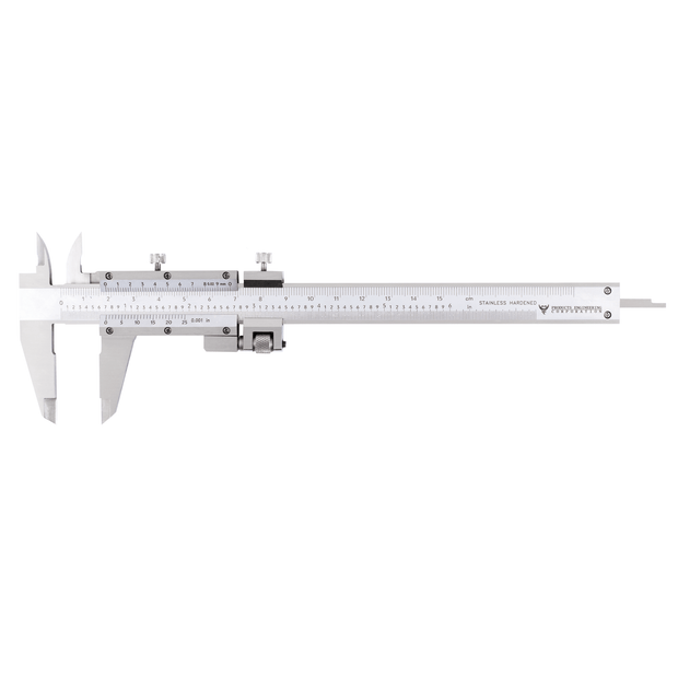 Vernier caliper, hardened stainless steel for imperial and metric measurements.