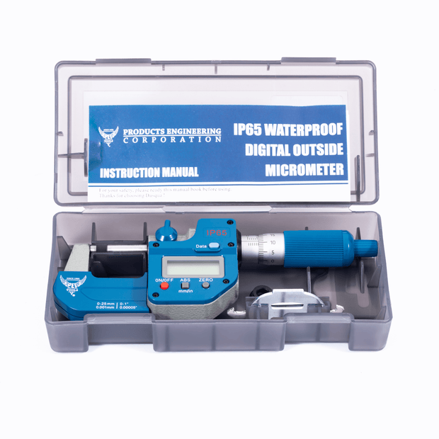 A PEC Tools Blue Waterproof Digital Micrometer on a white background. 0-25mm/0-1'' range, 0.001mm precision, IP65 water/dust protection, LCD display, mm/in conversion, ABS/ZERO functions.