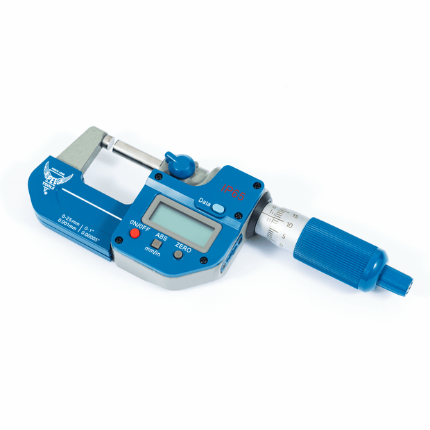 A PEC Tools Blue Precision Digital Micrometer on a white background. 0-25mm/0-1'' range, 0.001mm precision, IP65 water/dust protection, LCD display, mm/in conversion, ABS/ZERO functions