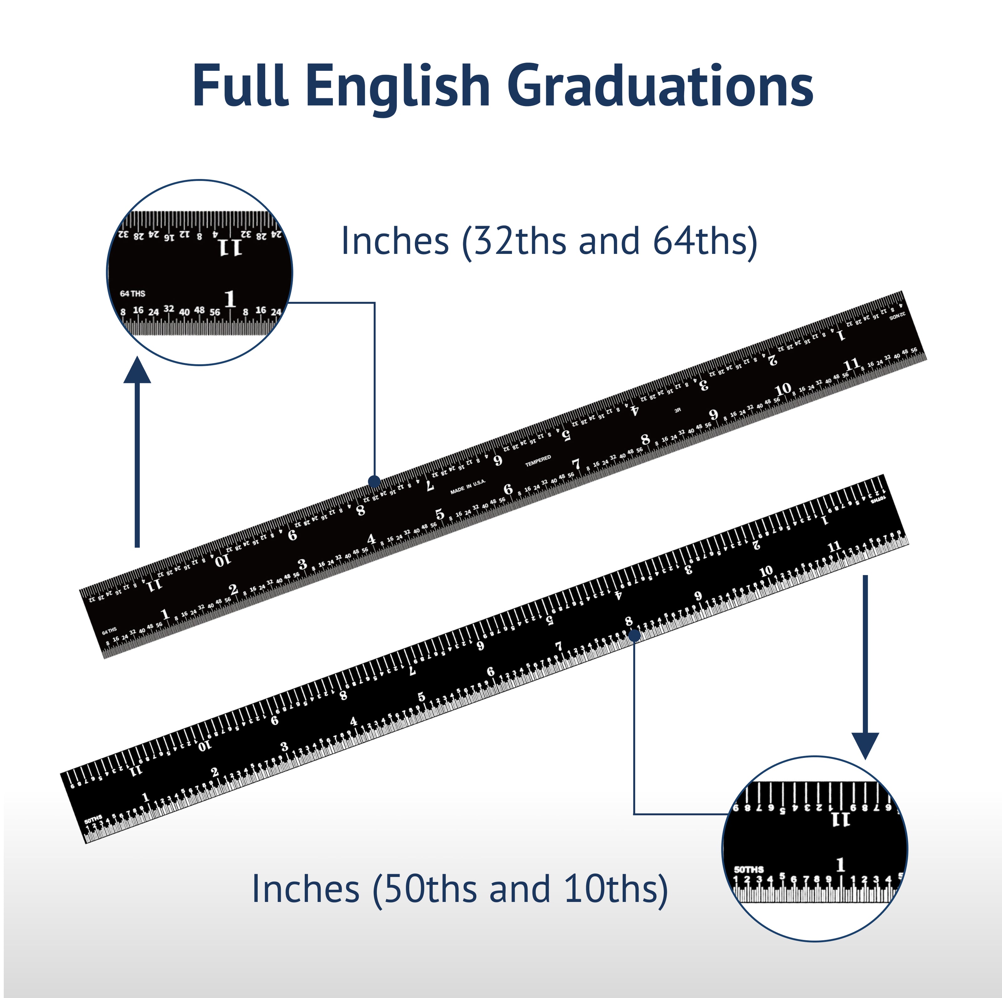 Black Chrome Rigid Rulers | PEC Tools showing full English graduations in 32ths, 64ths, 50ths, and 10ths for precision measuring.