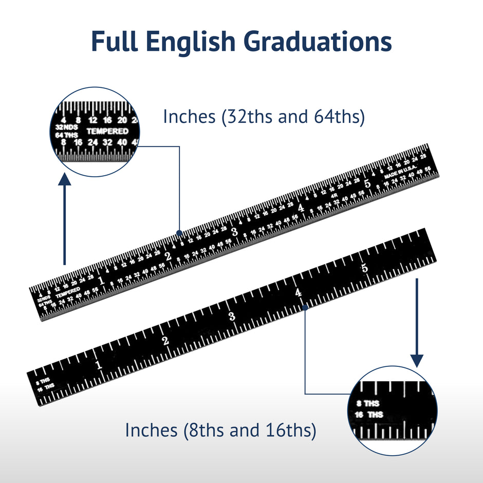 Black Chrome Rigid Rulers | PEC Tools featuring full English graduations in inches (1/8', 1/16', 1/32', 1/64').