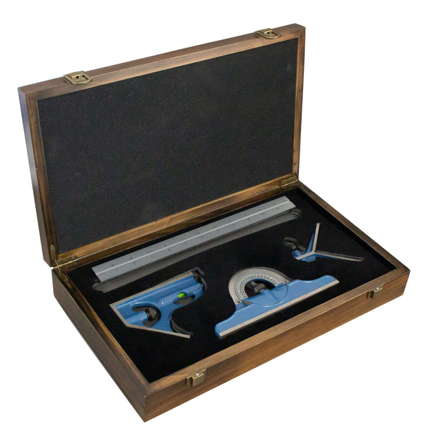 Wooden storage case for combination square sets with tools neatly organized inside.
