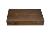 Wooden storage case for combination square sets with brass hinges and embossed logo on the top surface.