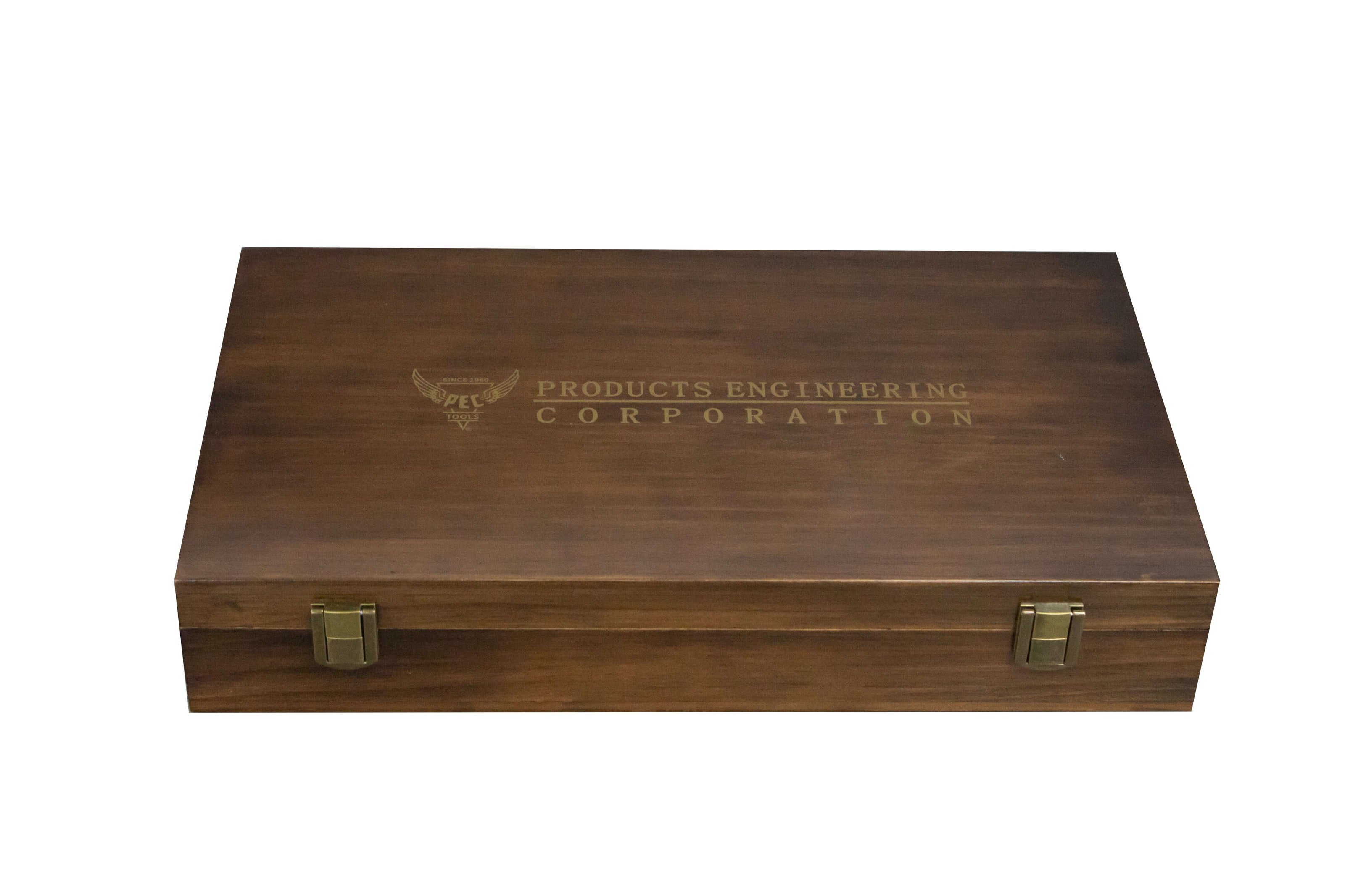 Wooden storage case for combination square sets with brass hinges and embossed logo on the top surface.
