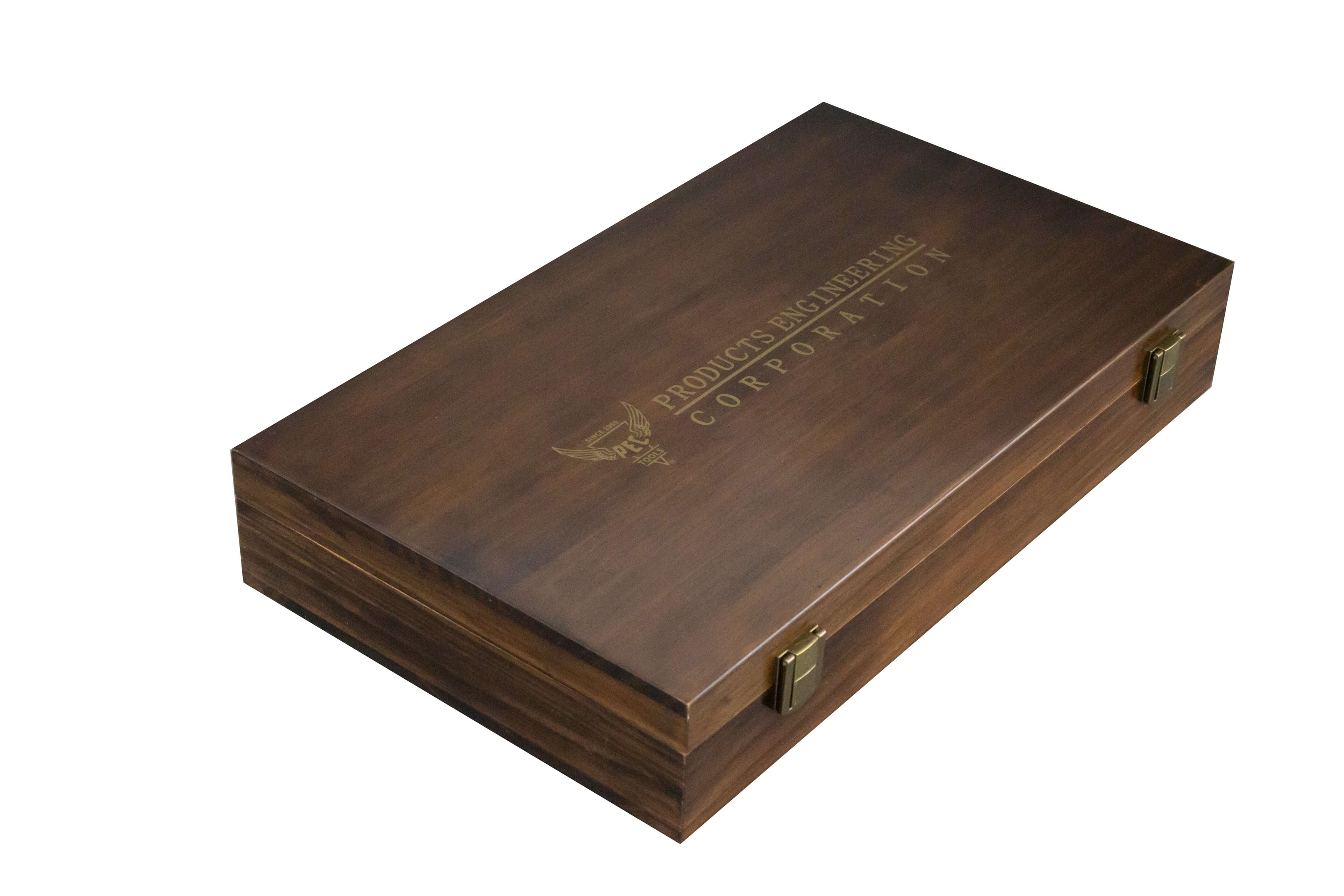 Wooden storage case for combination square sets, displaying a premium finish and logo on top.