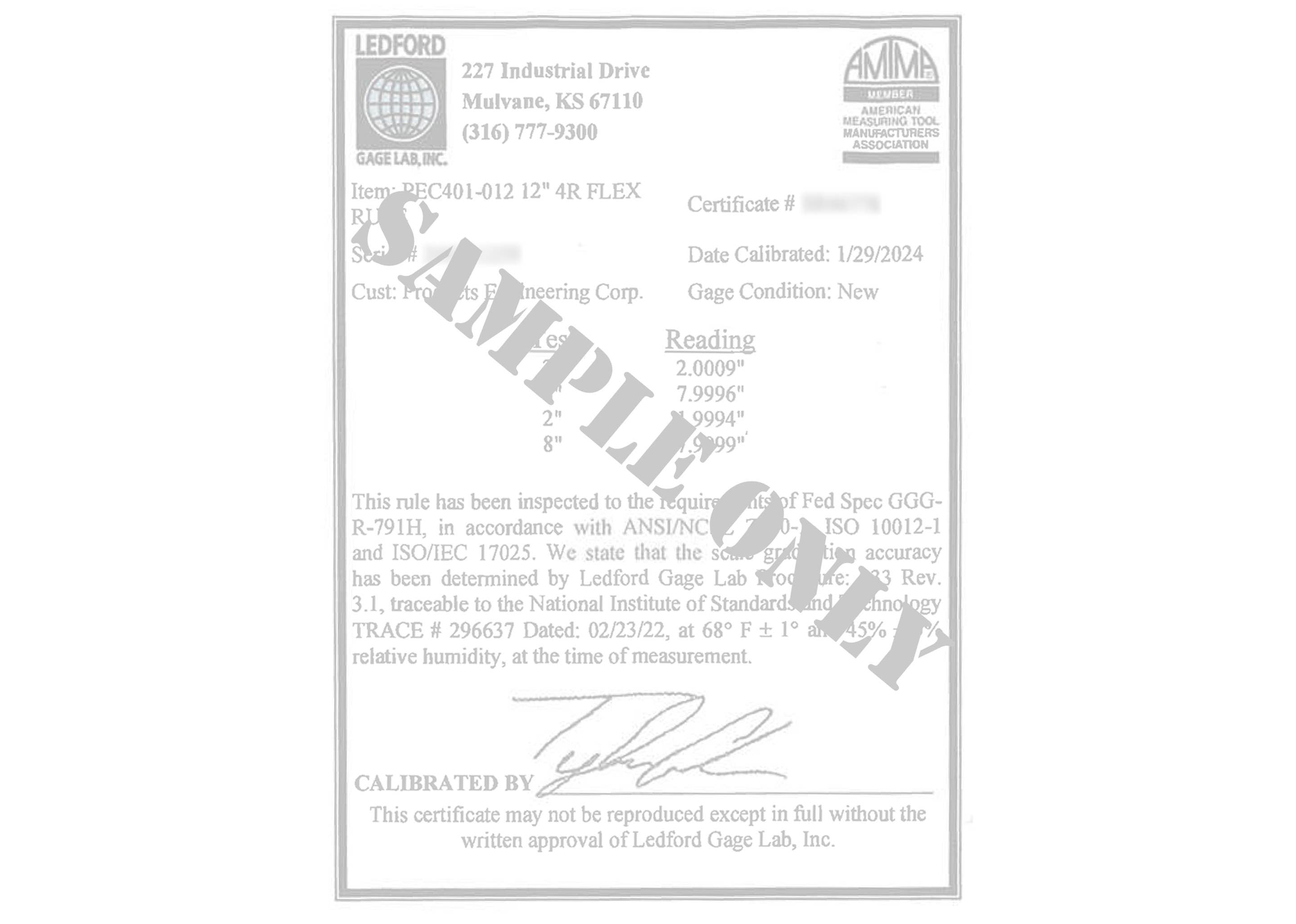 Certification document for Rigid Satin Chrome Steel Rulers, detailing inspection date and readings.