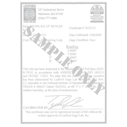 Certificate of Calibration for Flexible Rulers (With Certification) - English/Metric Graduations, dated 1/29/2024.