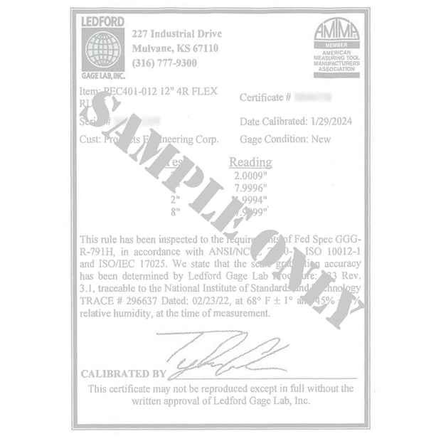 Sample certificate for Certified Flexible Rulers from Ledford Gage Lab, showing calibration details and specifications.